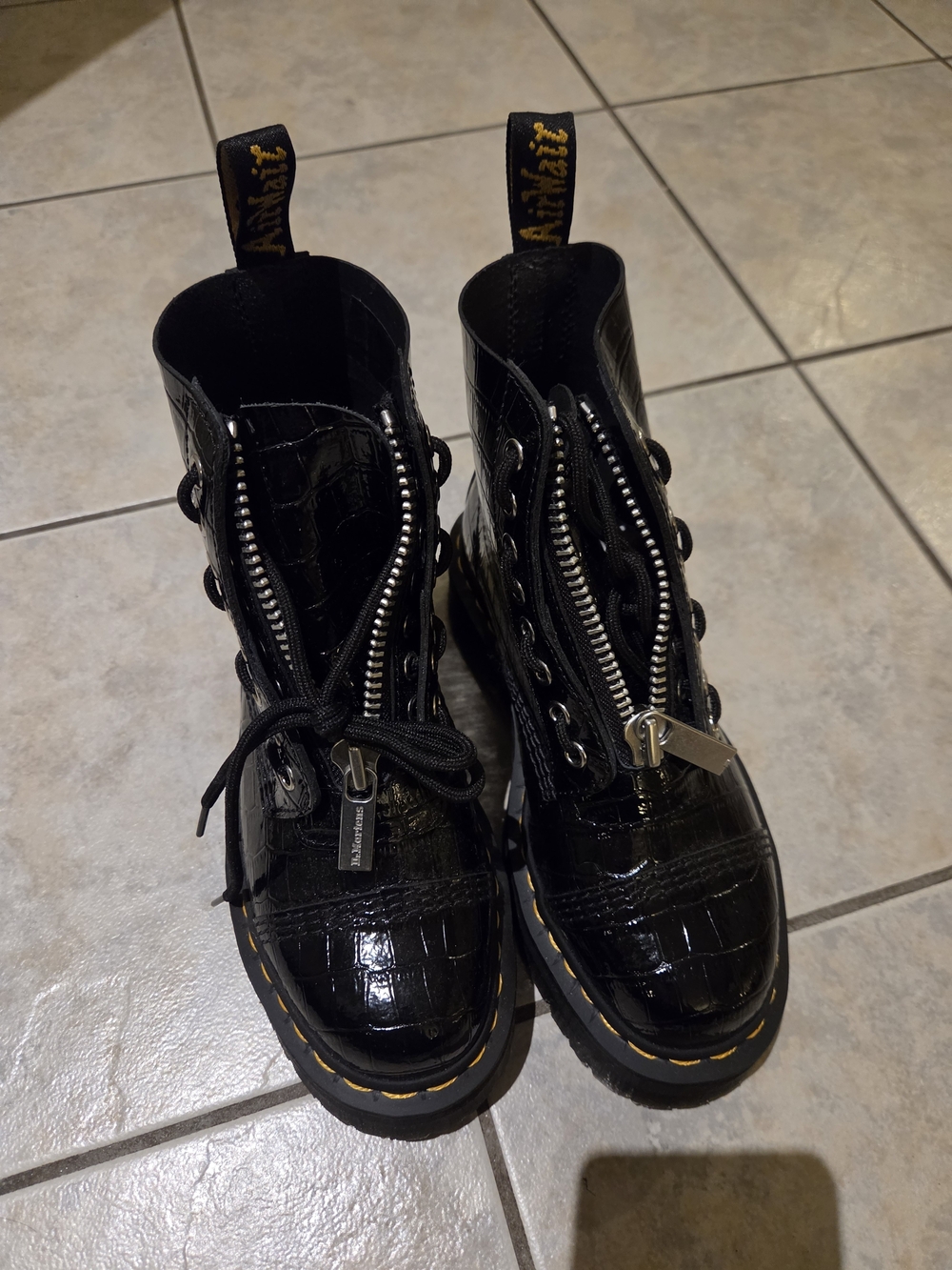 Dr. Martens Black Patent Croc Lace-Up Zip Combat Boots
